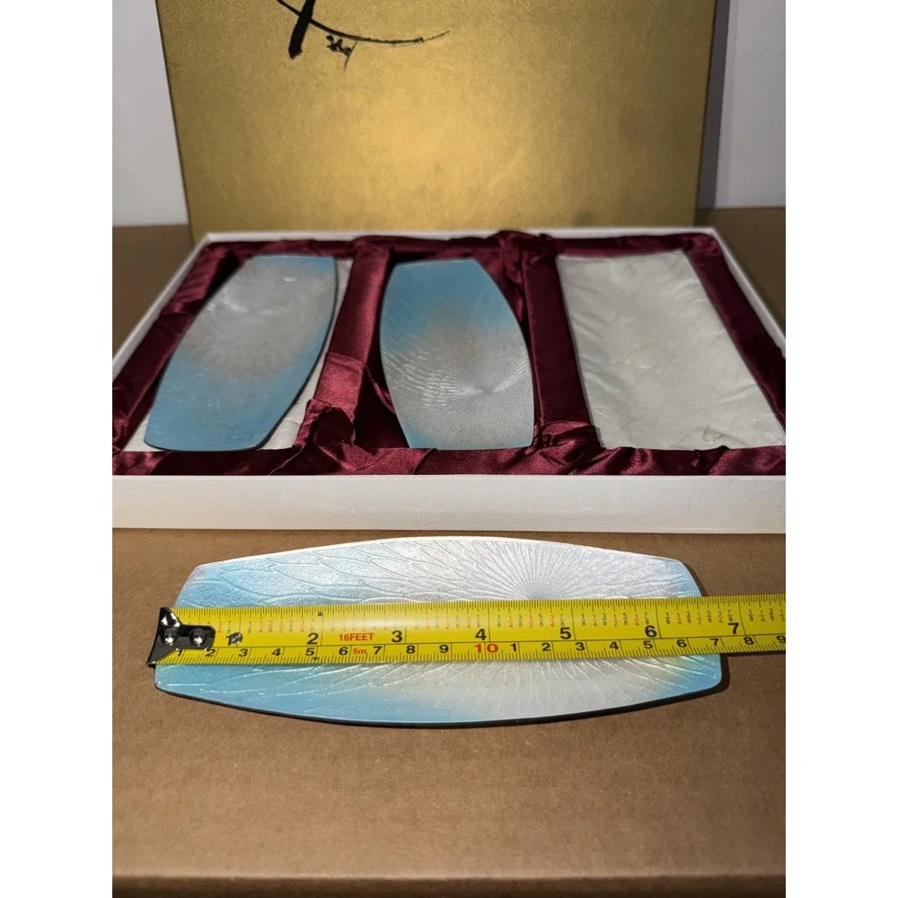 Japanese Handmade Enamel Oshibori‎ Towel Tray Set 3 Blue White Gradient 7in